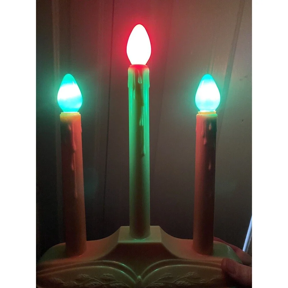 Vintage Christmas Electric Window Tiered Candle 3 Stick Candelabra Dripping Wax